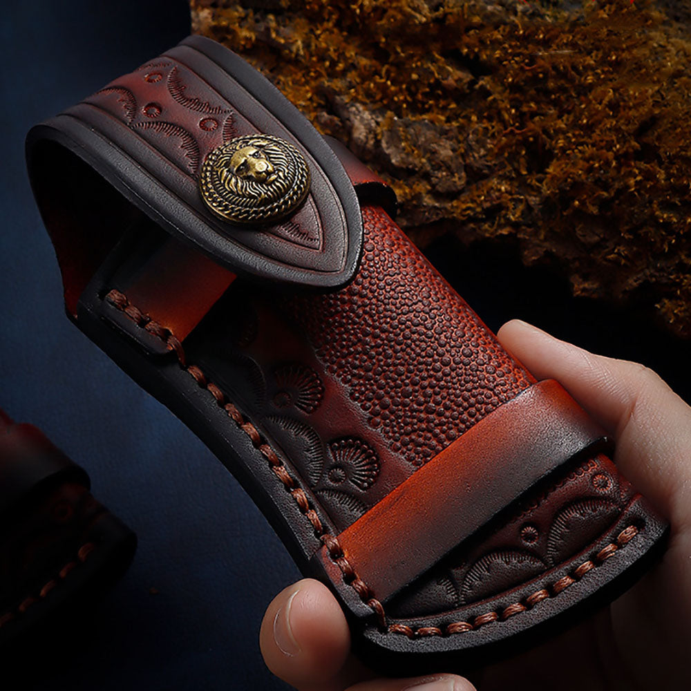 Hand Made Carved Leather Craft Sheath For Folding Knife Cover Pouch Belt Clip