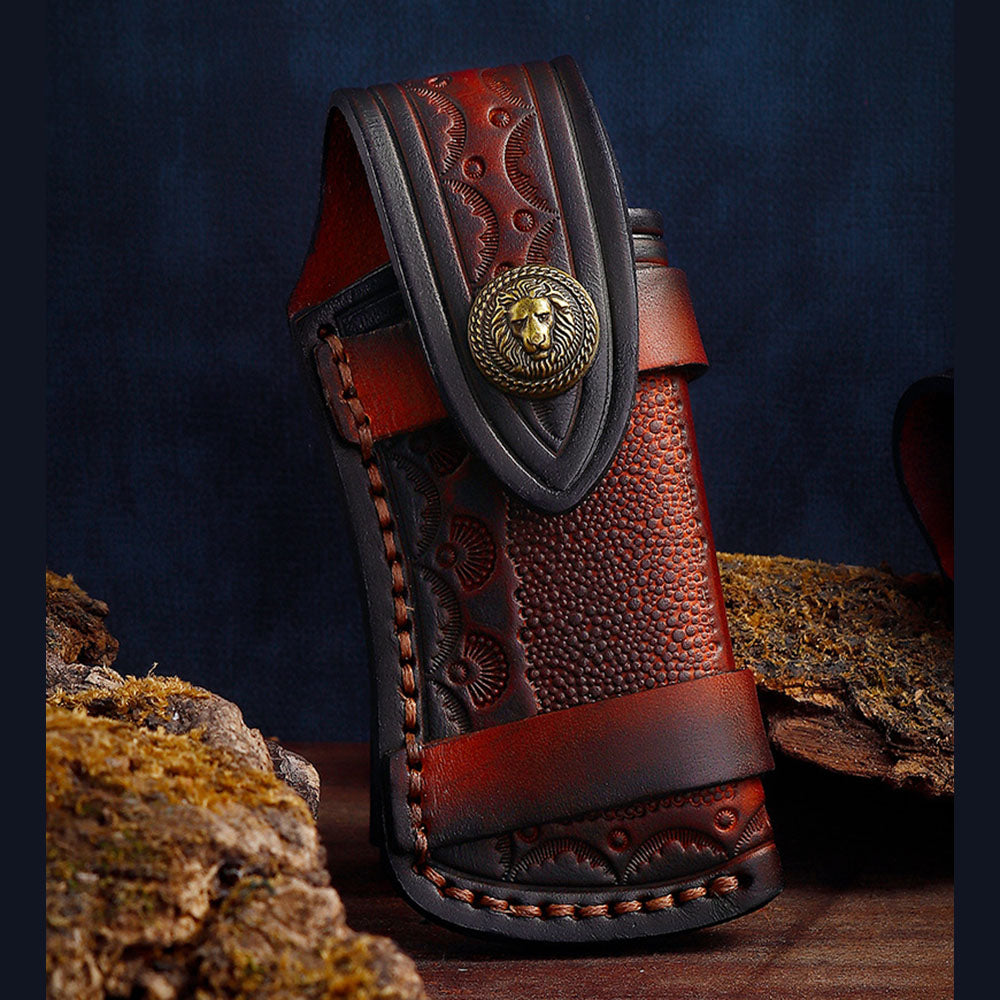 Hand Made Carved Leather Craft Sheath For Folding Knife Cover Pouch Belt Clip