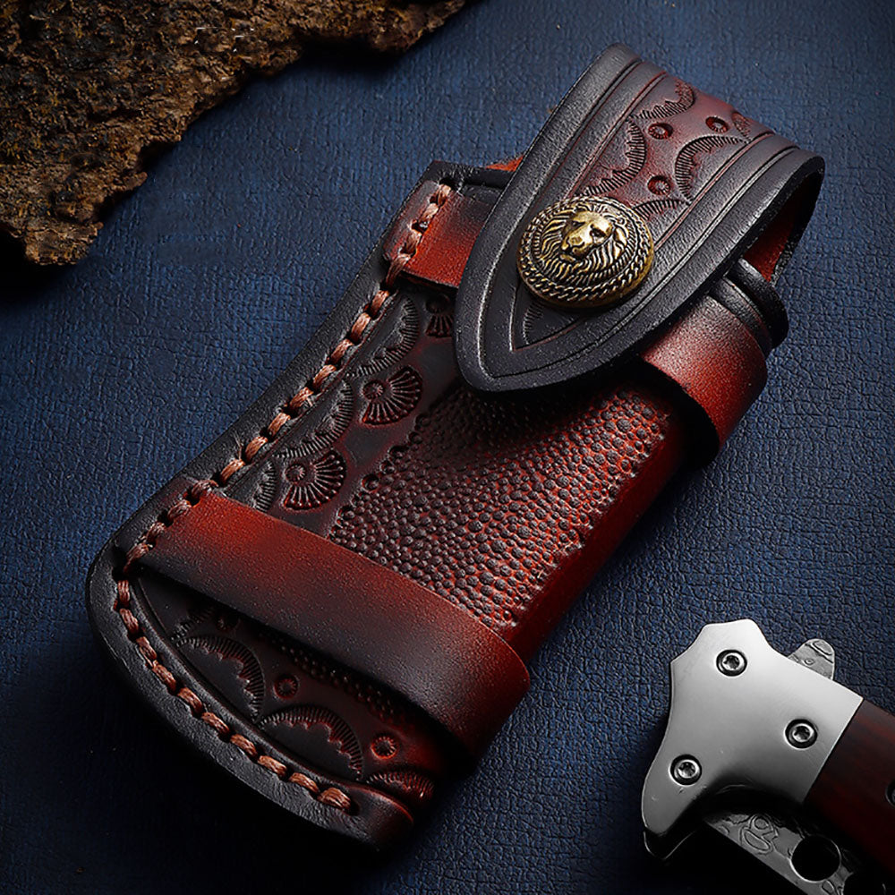 Hand Made Carved Leather Craft Sheath For Folding Knife Cover Pouch Belt Clip