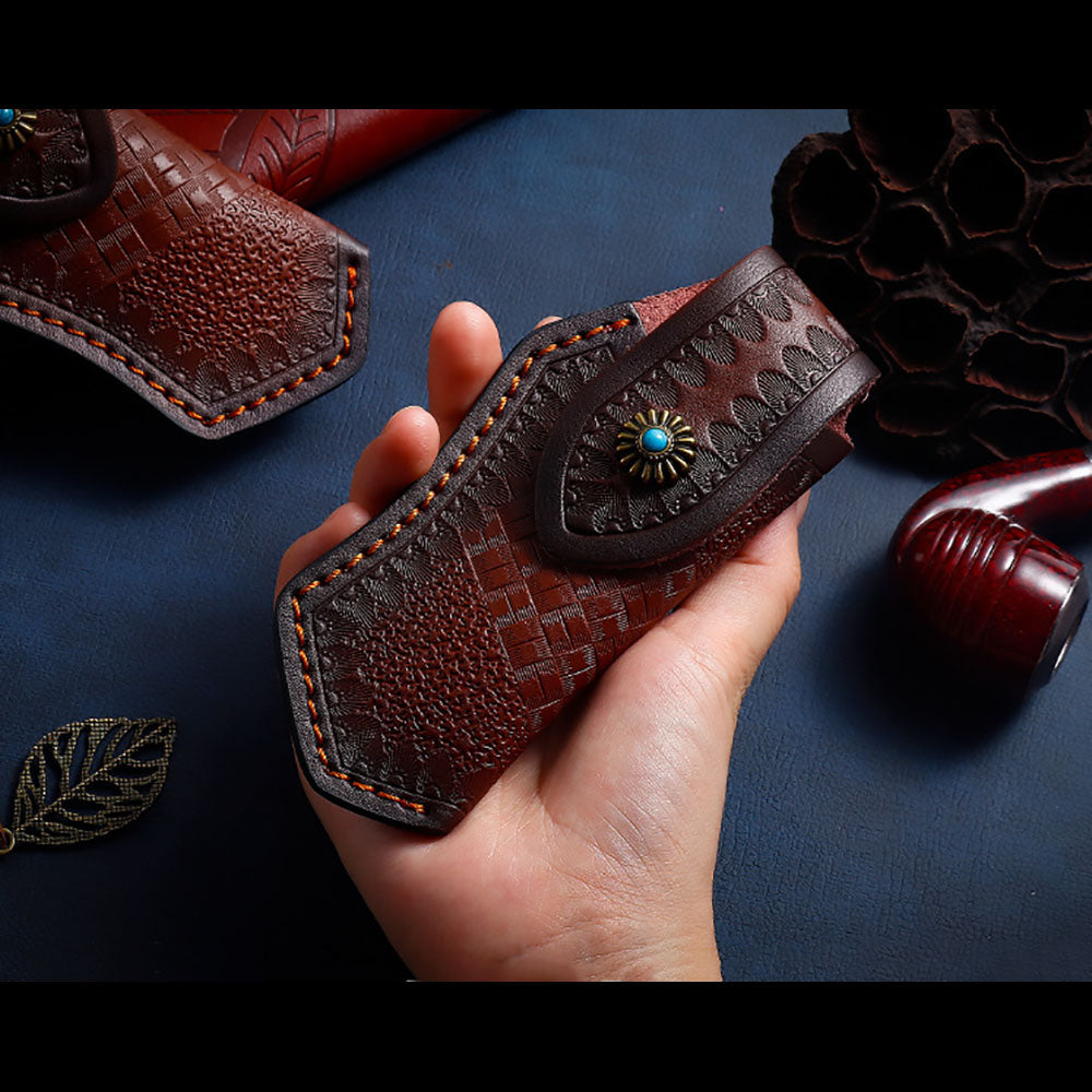 Hand Made Carved Genuine Leather Sheath For Folding Knife Cover Pouch Belt Clip