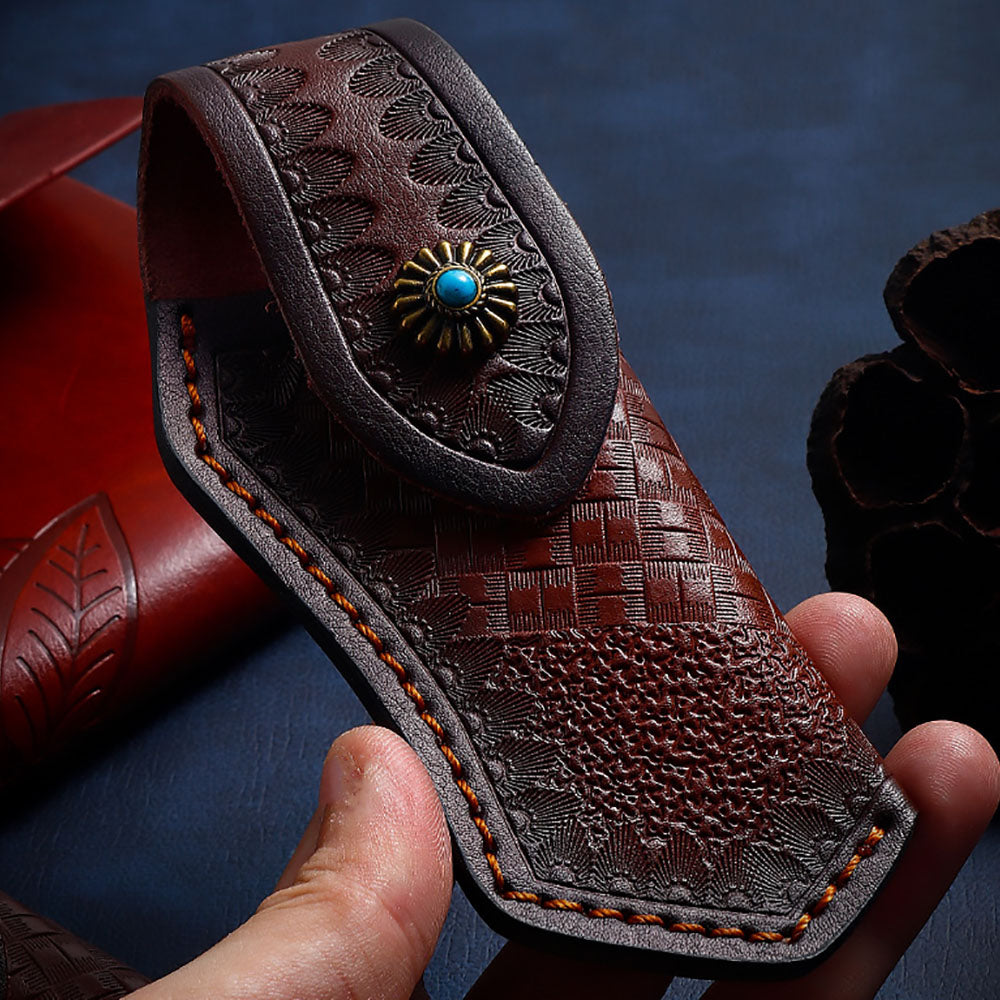 Hand Made Carved Genuine Leather Sheath For Folding Knife Cover Pouch Belt Clip