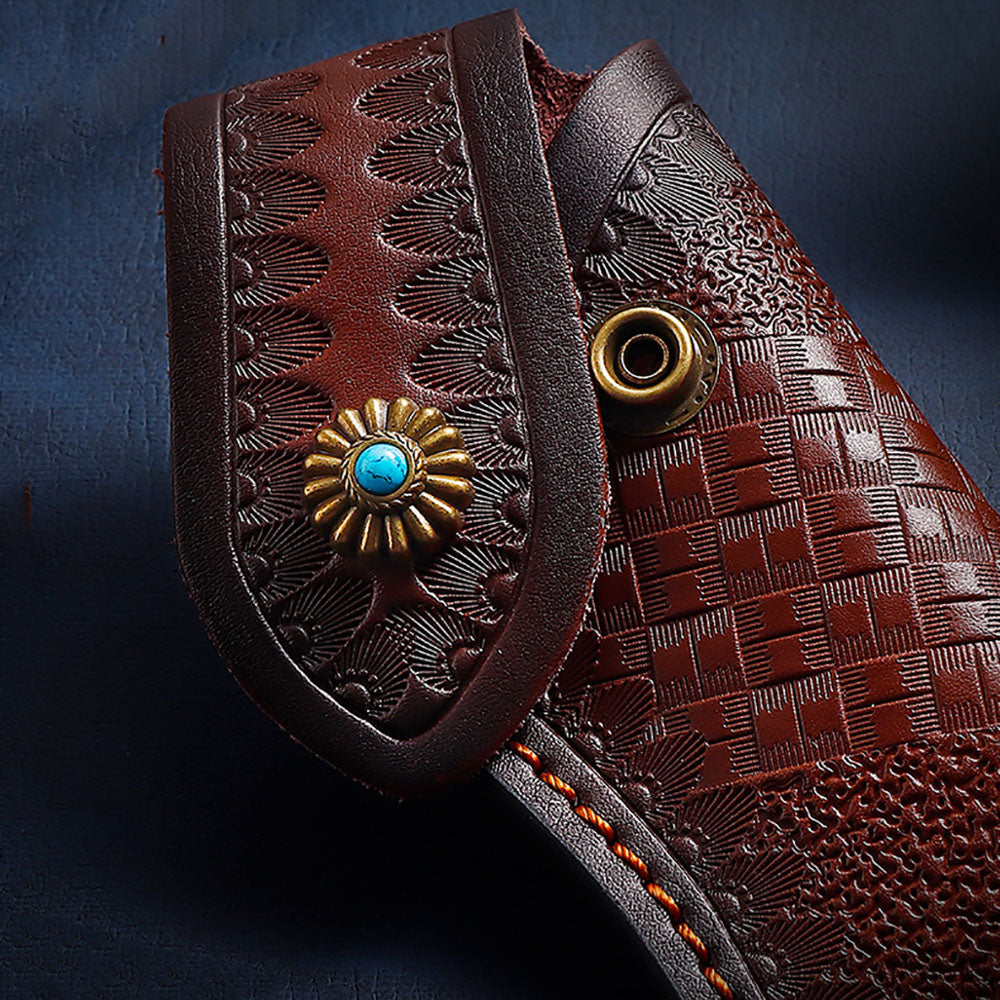 Hand Made Carved Genuine Leather Sheath For Folding Knife Cover Pouch Belt Clip