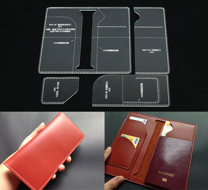 Plantilla de acrílico para billetera larga, porta pasaporte, patrón para artesanía en cuero, plantilla BBX-08
