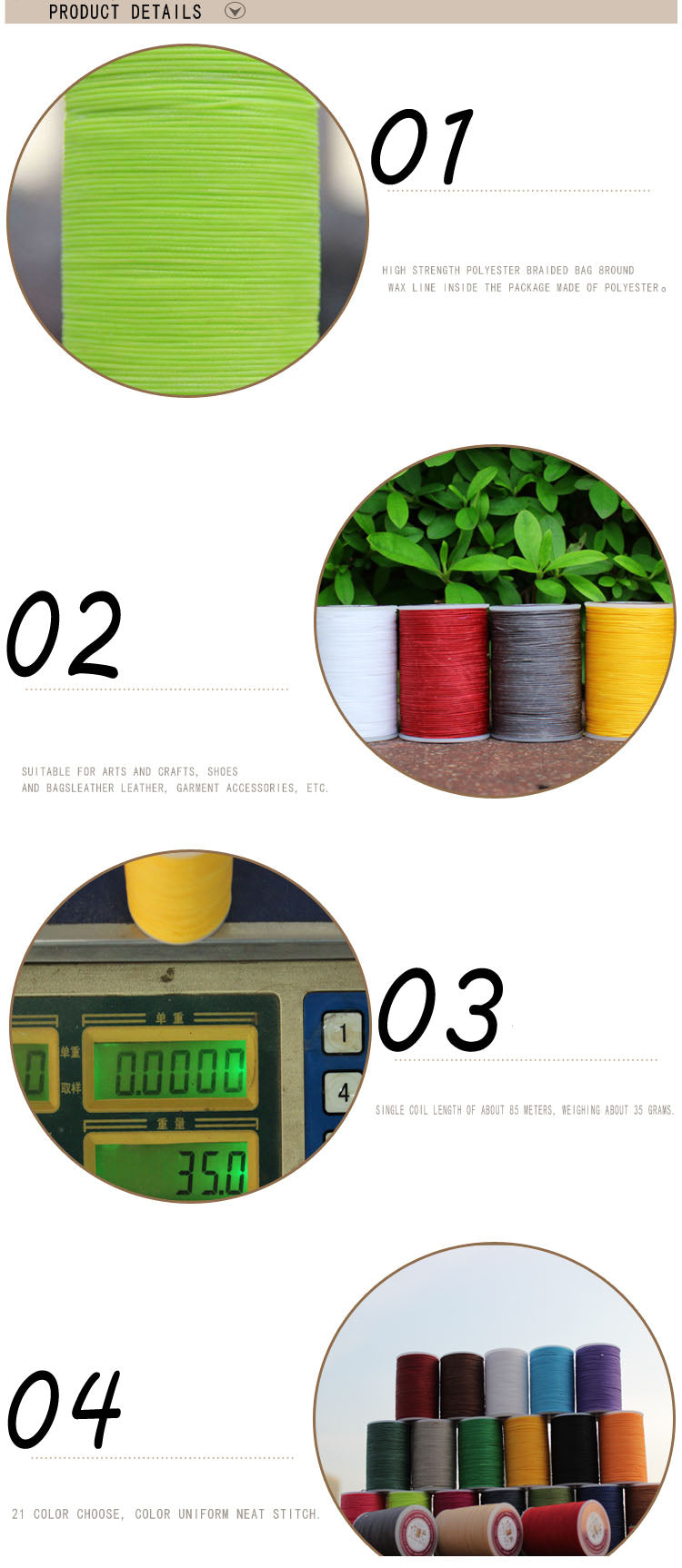Hilo encerado profesional de 3 hebras, 0,55 mm, 114 m, para coser a mano artículos de cuero