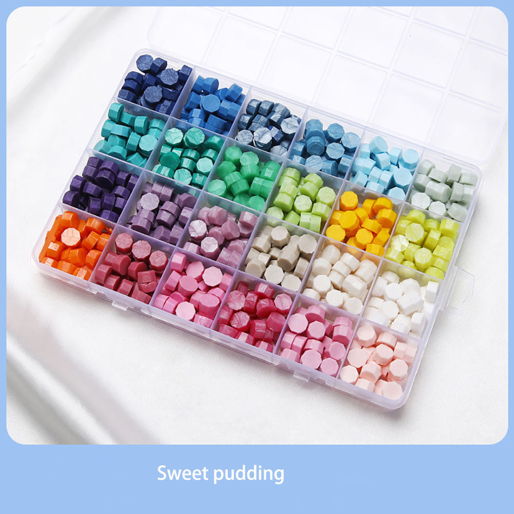 Kit de 600 piezas de cuentas de cera para sellos de sellado de colores con caja de almacenamiento de 24 rejillas