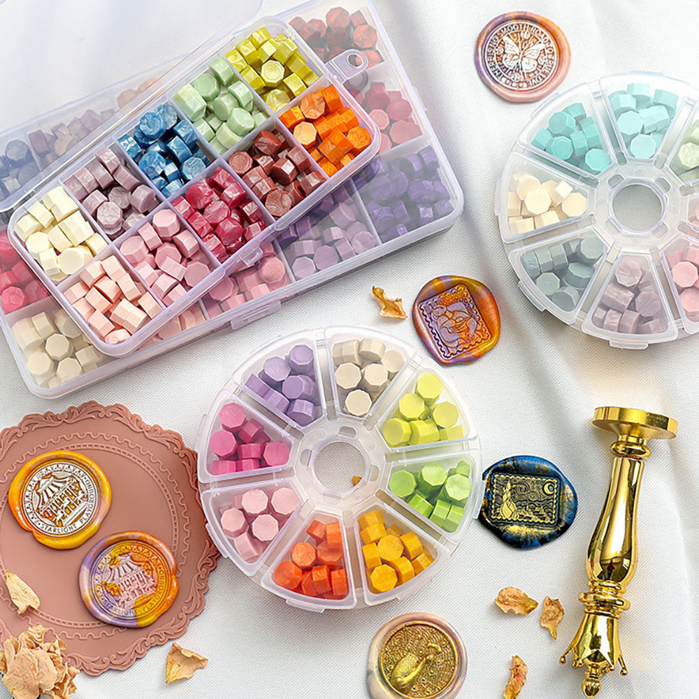 Kit de 600 piezas de cuentas de cera para sellos de sellado de colores con caja de almacenamiento de 24 rejillas