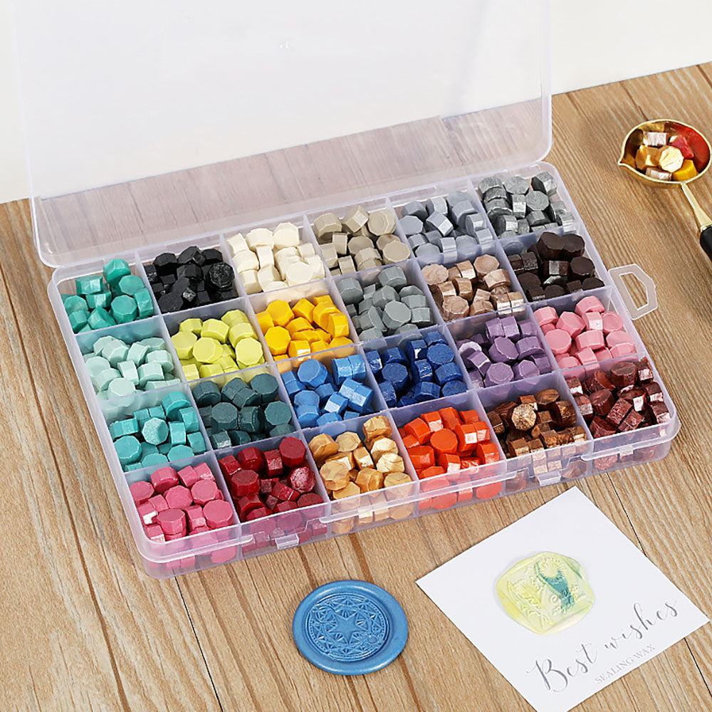 Kit de 600 piezas de cuentas de cera para sellos de sellado de colores con caja de almacenamiento de 24 rejillas