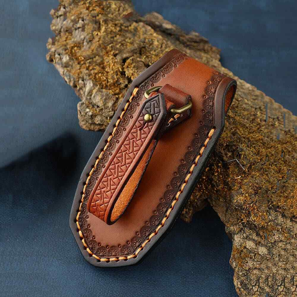 Hand Craft Carved Cowhide Leather Sheath For Folding Knife Cover Pouch Belt Clip