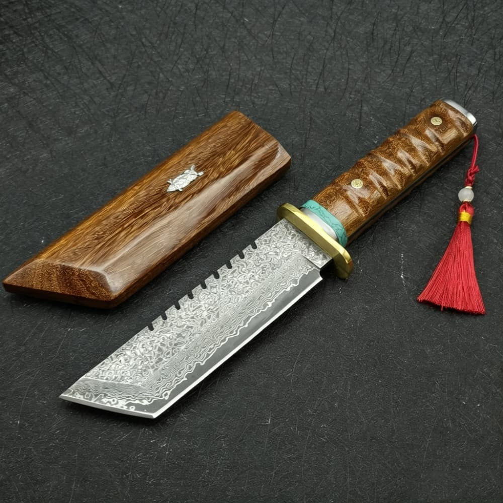 Damascus Steel Fixed Blade Machete Wood Handle Outdoor Camping Survival Knife