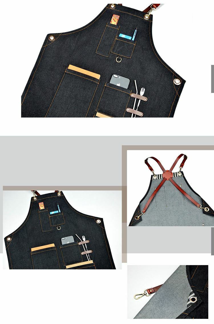 Denim Apron for Kitchen / Coffe Shop Studio Leather Belt X Straps Custom Logo #A