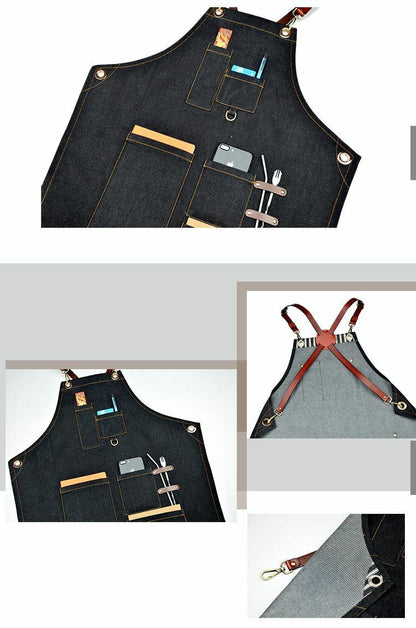 Denim Apron for Kitchen / Coffe Shop Studio Leather Belt X Straps Custom Logo #A