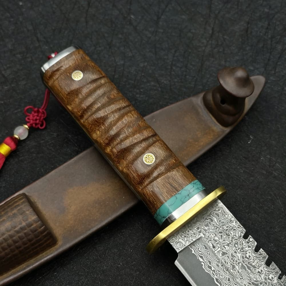 Damascus Steel Fixed Blade Machete Wood Handle Outdoor Camping Survival Knife