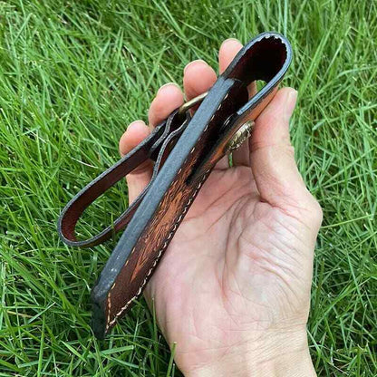 Hand Craft Carved Cowhide Leather Sheath For Folding Knife Cover Pouch Belt Clip