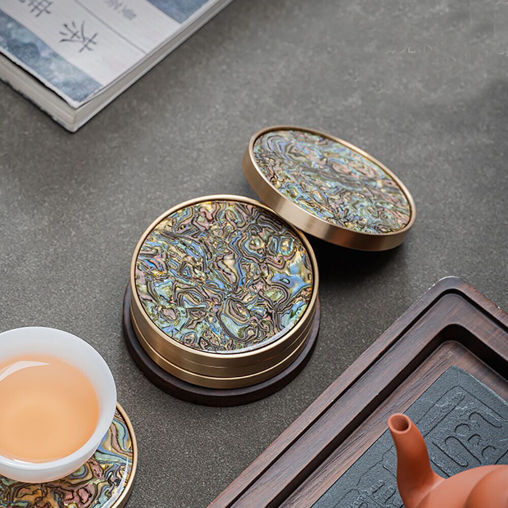 Brass Edged Shell Inlay Inlaid Round Heat-Resistant Coaster In Enamel Art Style 7pcs/Set