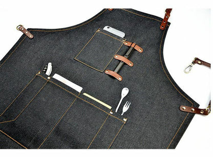 Jeans Denim Apron for Kitchen / Coffe Shop Studio Leather Craft Custom Made Logo