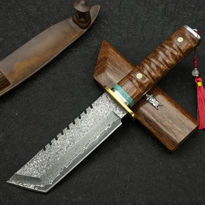 Damascus Steel Fixed Blade Machete Wood Handle Outdoor Camping Survival Knife