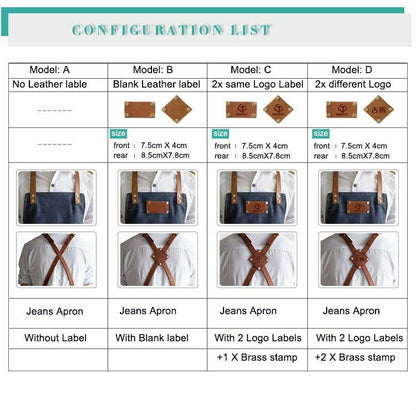 Jeans denim Apron For Kitchen / Coffe Shop Studio Leather Belt Cross Straps Logo