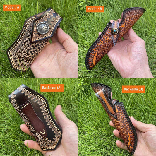 Veg Tanned Carved Leather Sheath For Outdoor Knife Protect Case Cover Belt Clip