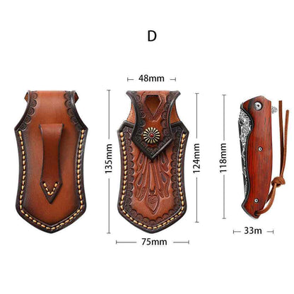 Hand Craft Carved Cowhide Leather Sheath For Folding Knife Cover Pouch Belt Clip