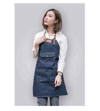 Jeans denim Apron for Kitchen / Coffe Shop Studio Leather Belt Custom Made Logo