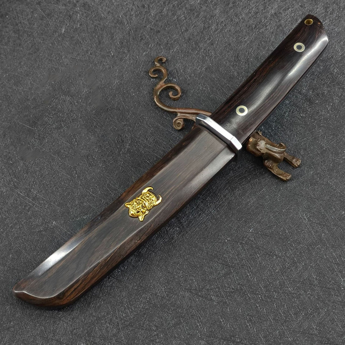 Damascus Ebony Fixed Blade Outdoor Survival Knife Samurai Sword w/ Demon Sheath