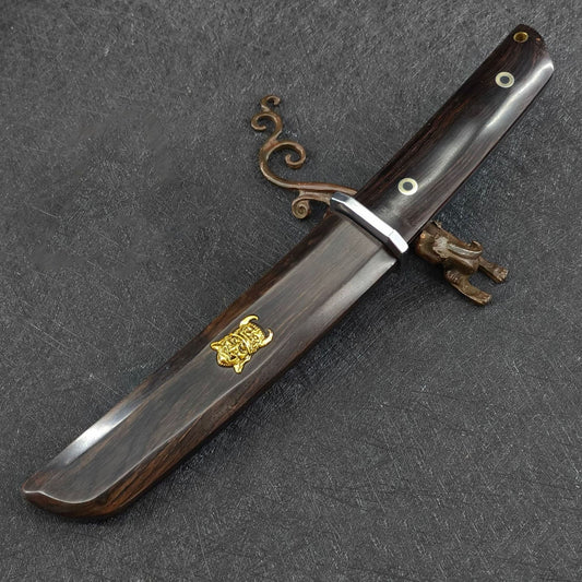 Damascus Ebony Fixed Blade Outdoor Survival Knife Samurai Sword w/ Demon Sheath
