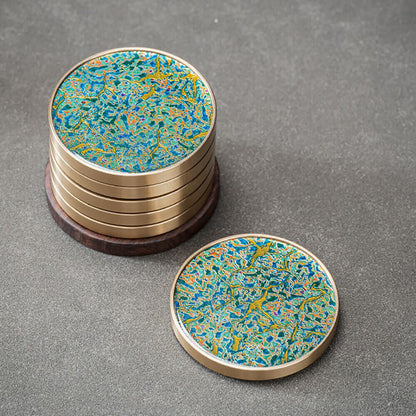 Brass Edged Shell Inlay Inlaid Round Heat-Resistant Coaster In Enamel Art Style 7pcs/Set