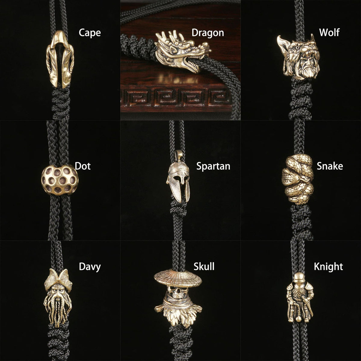 Brass EDC Lanyard Skull Knight Dragon Spartan Wolf Snake Cape Bead Keychain Drop