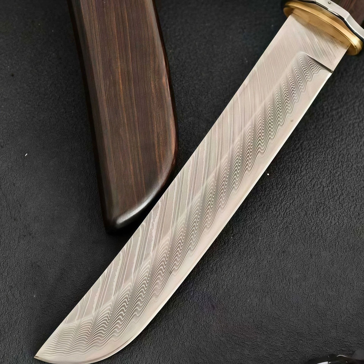 Damascus Steel Fixed Blade Camping Knife Wood Handle w/ Sheath Outdoor Survival