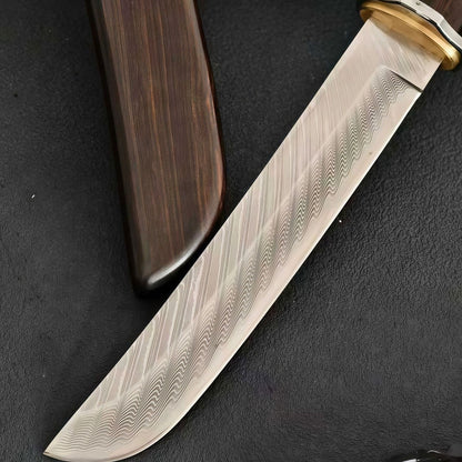 Damascus Steel Fixed Blade Camping Knife Wood Handle w/ Sheath Outdoor Survival