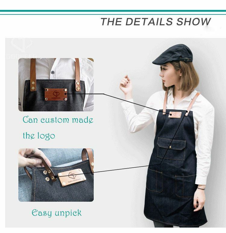 Jeans denim Apron For Kitchen / Coffe Shop Studio Leather Belt Cross Straps Logo