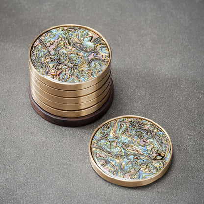 Brass Edged Shell Inlay Inlaid Round Heat-Resistant Coaster In Enamel Art Style 7pcs/Set