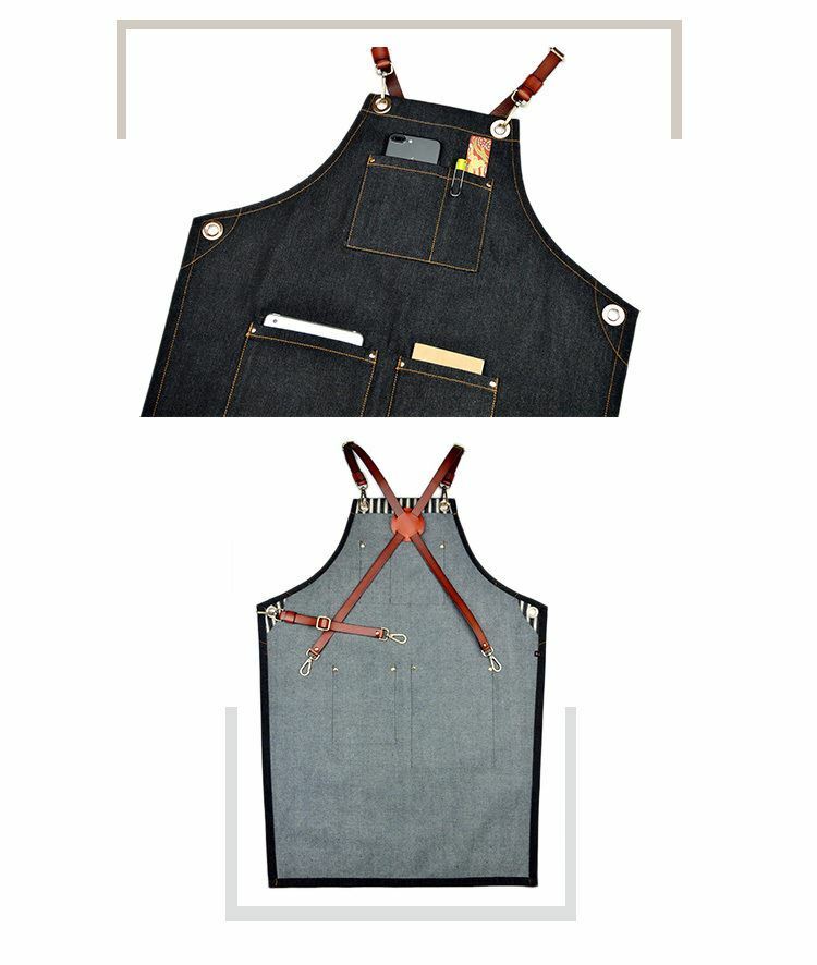 Denim Apron for Kitchen /Coffe Shop Studio Leather Belt X Straps Custom Logo #C