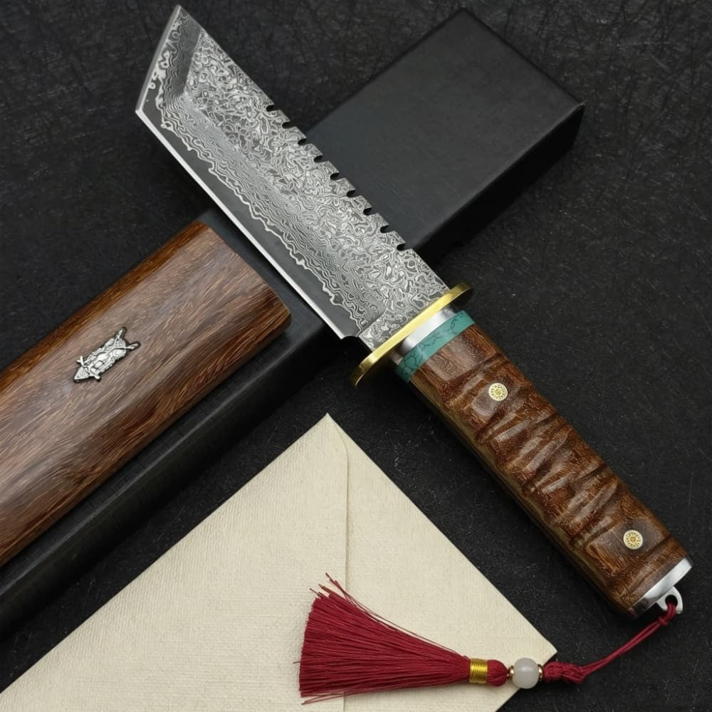 Damascus Steel Fixed Blade Machete Wood Handle Outdoor Camping Survival Knife