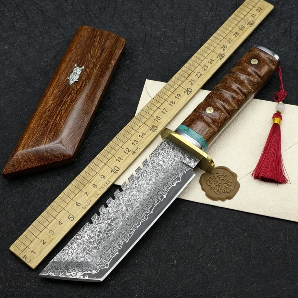 Damascus Steel Fixed Blade Machete Wood Handle Outdoor Camping Survival Knife