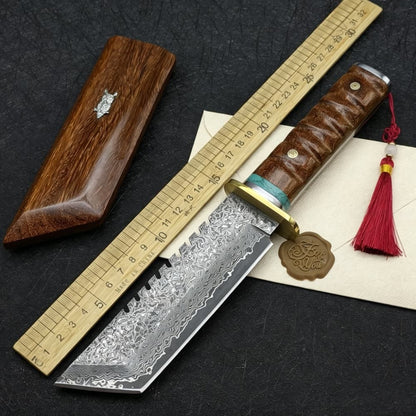 Damascus Steel Fixed Blade Machete Wood Handle Outdoor Camping Survival Knife