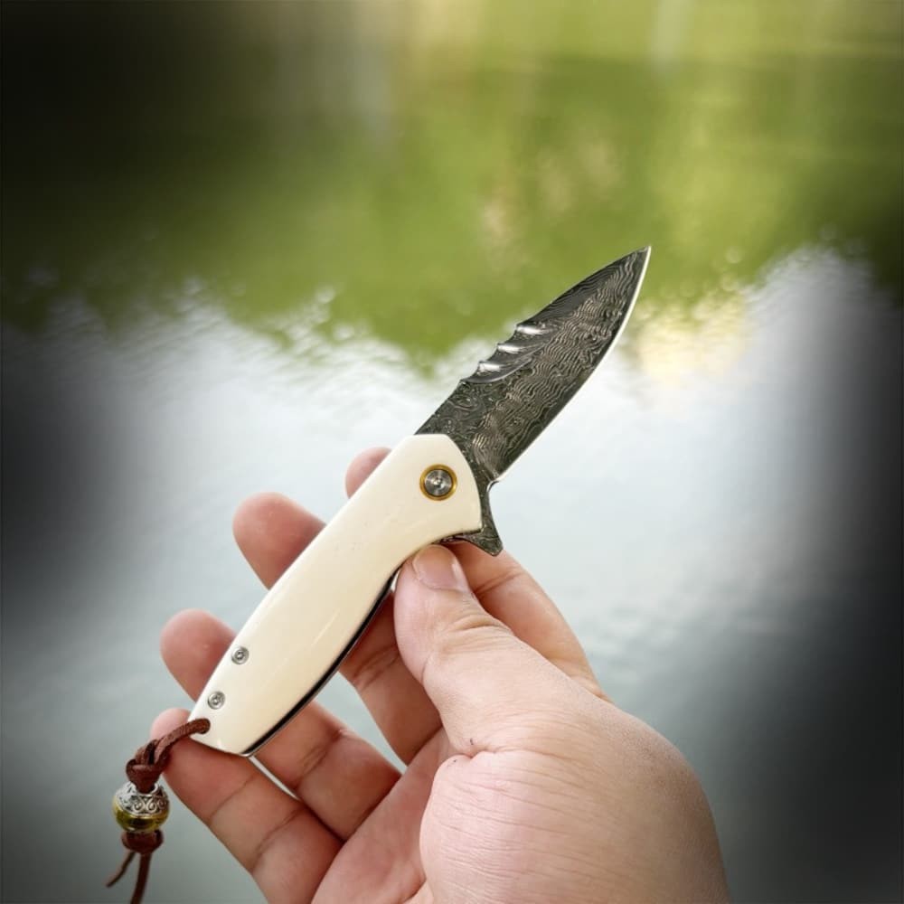 VG10 Damascus Folding Pocket Knife Bone Handle Outdoor Camping EDC Fruit Knife