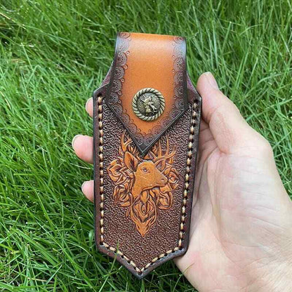 Hand Craft Carved Cowhide Leather Sheath For Folding Knife Cover Pouch Belt Clip