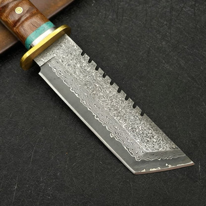 Damascus Steel Fixed Blade Machete Wood Handle Outdoor Camping Survival Knife