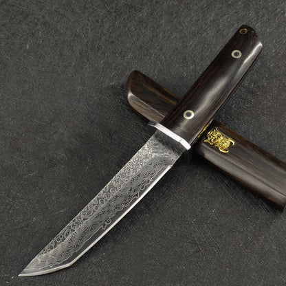 Damascus Ebony Fixed Blade Outdoor Survival Knife Samurai Sword w/ Demon Sheath