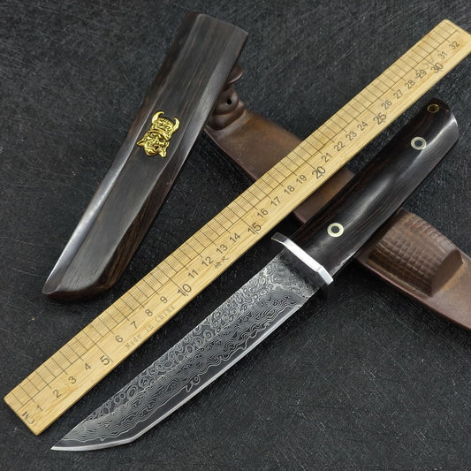Damascus Ebony Fixed Blade Outdoor Survival Knife Samurai Sword w/ Demon Sheath