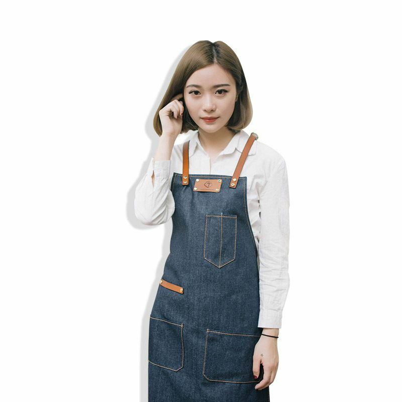 Denim Apron for Kitchen /Coffe Shop Studio Leather Belt Cross Straps Custom Logo