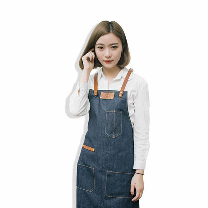 Denim Apron for Kitchen /Coffe Shop Studio Leather Belt Cross Straps Custom Logo