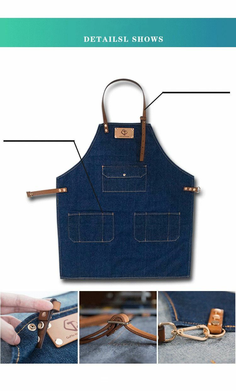 Jeans denim Apron for Kitchen / Coffe Shop Studio Leather Belt Custom Made Logo