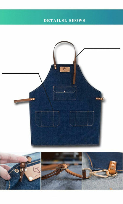 Jeans denim Apron for Kitchen / Coffe Shop Studio Leather Belt Custom Made Logo
