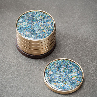 Brass Edged Shell Inlay Inlaid Round Heat-Resistant Coaster In Enamel Art Style 7pcs/Set