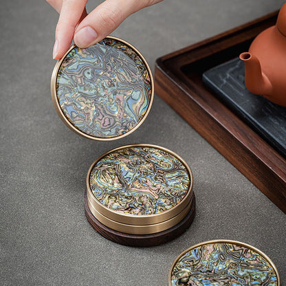 Brass Edged Shell Inlay Inlaid Round Heat-Resistant Coaster In Enamel Art Style 7pcs/Set