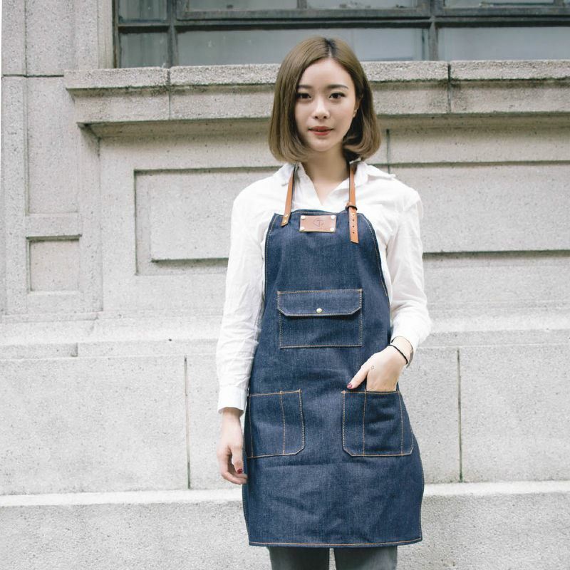 Jeans denim Apron for Kitchen / Coffe Shop Studio Leather Belt Custom Made Logo