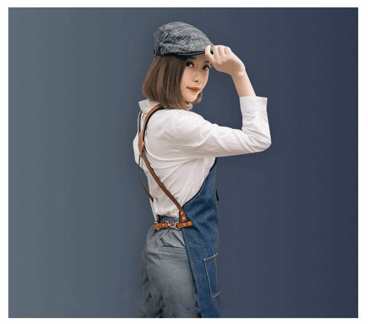 Jeans denim Apron For Kitchen / Coffe Shop Studio Leather Belt Cross Straps Logo