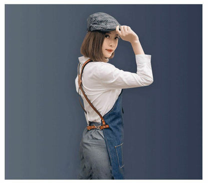 Jeans denim Apron For Kitchen / Coffe Shop Studio Leather Belt Cross Straps Logo